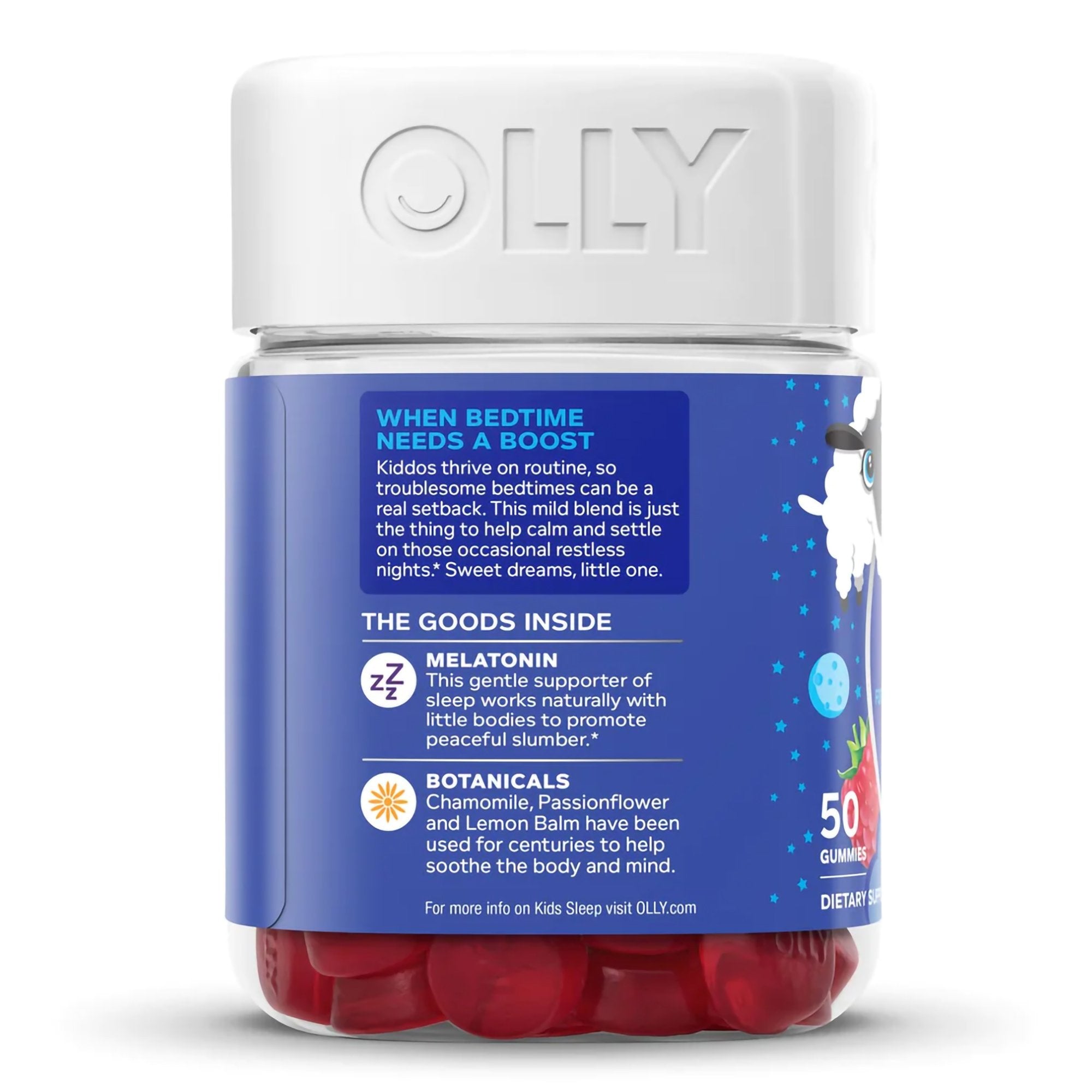 Dietary Supplement OLLY® Kids Sleep L-Theanine / Melatonin / Botanicals 15 mg - 0.5 mg - 2.5 mg Strength Gummy 50 per Bottle Raspberry Flavor - image 3