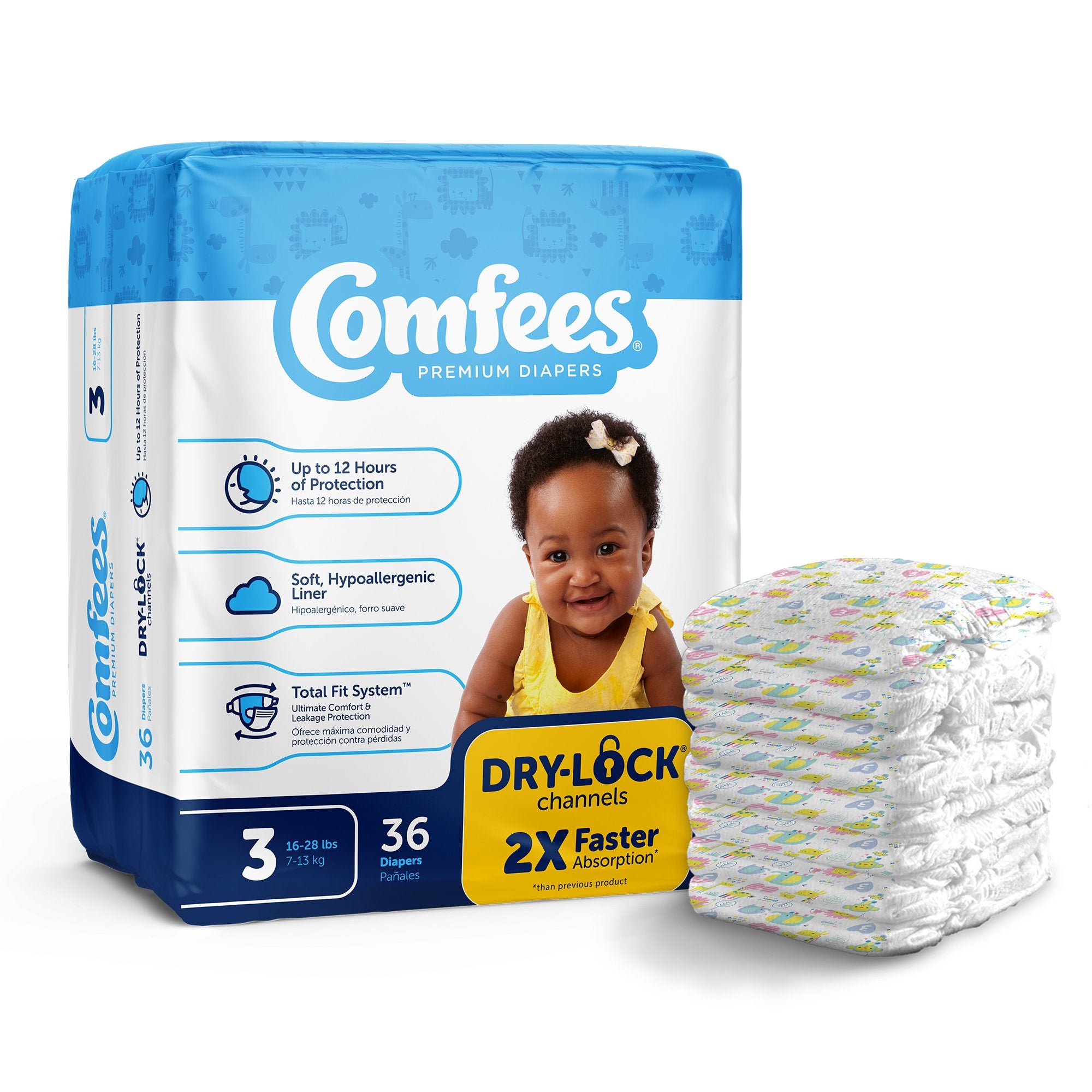 Attends Comfees Premium Diapers, Unisex, Baby, Tab Closure, Size 3