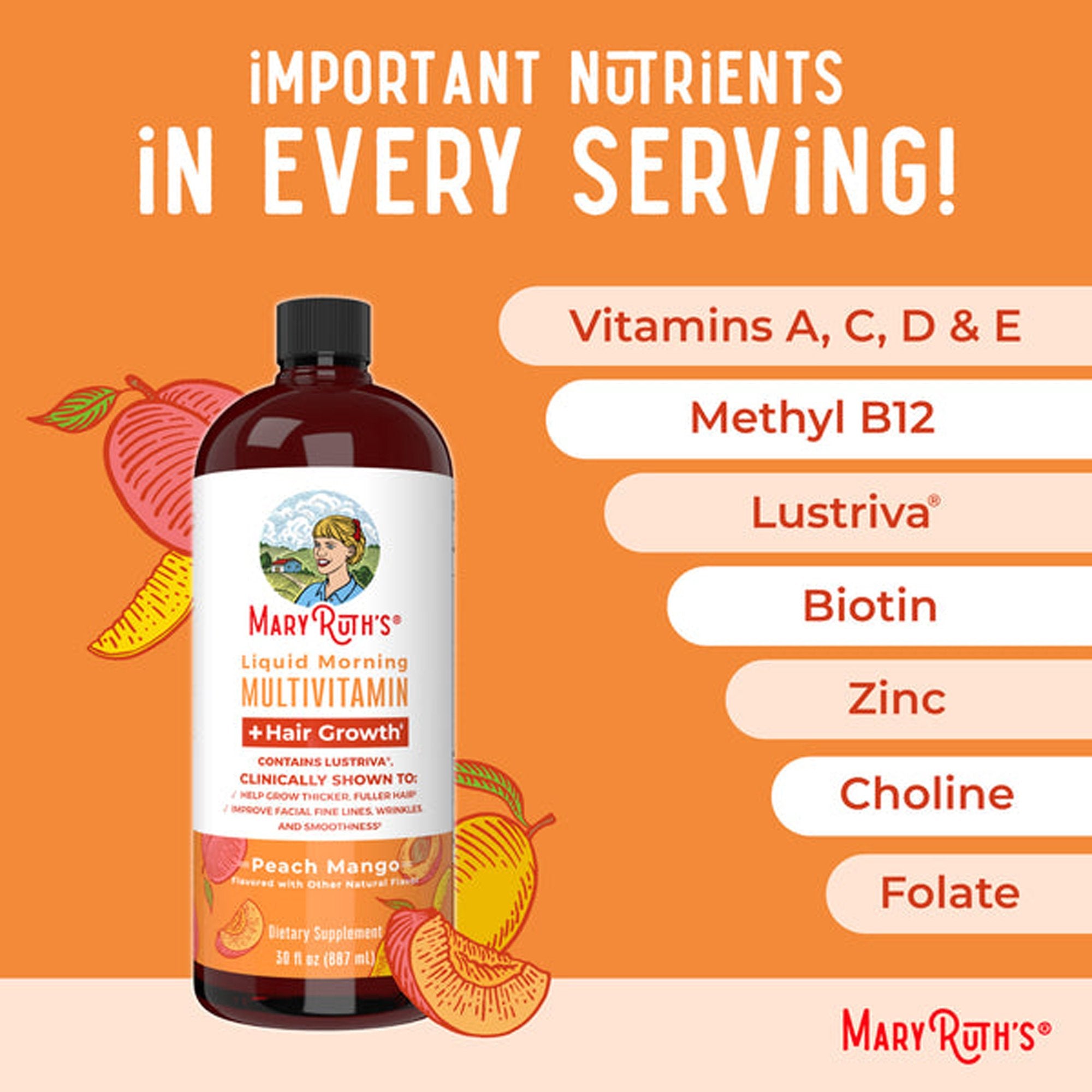 Multivitamin Supplement Mary Ruth's® Liquid Morning Multivitamin + Hair Growth Vitamin A / C / D / E 1,010 mcg - 90 mg - 20 mcg - 18 mg Strength Liquid 30 oz. Peach Mango Flavor - image 5