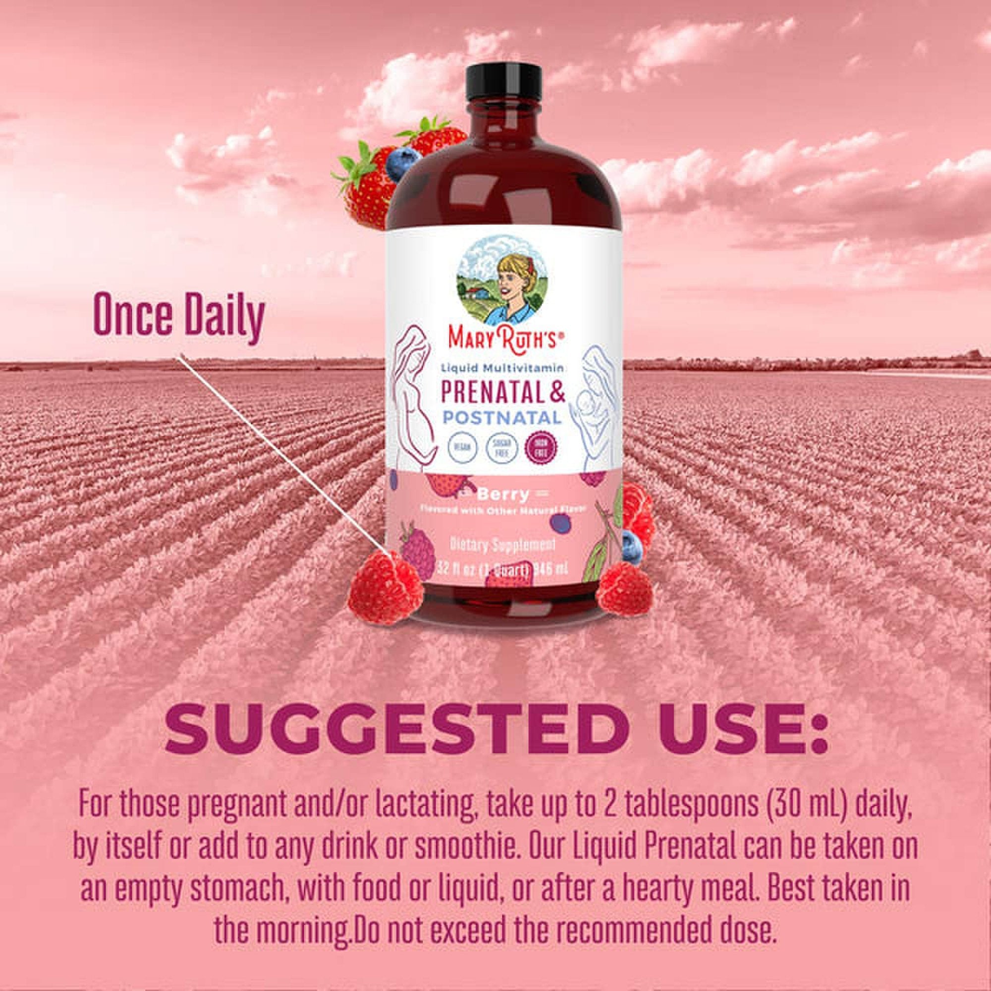 Dietary Supplement Mary Ruth's® Prenatal & Postnatal Liquid Multivitamin Vitamin A / C / D / E 750 mcg - 60 mg - 8 mcg - 19 mg Strength Liquid 32 oz. Berry Flavor - image 3