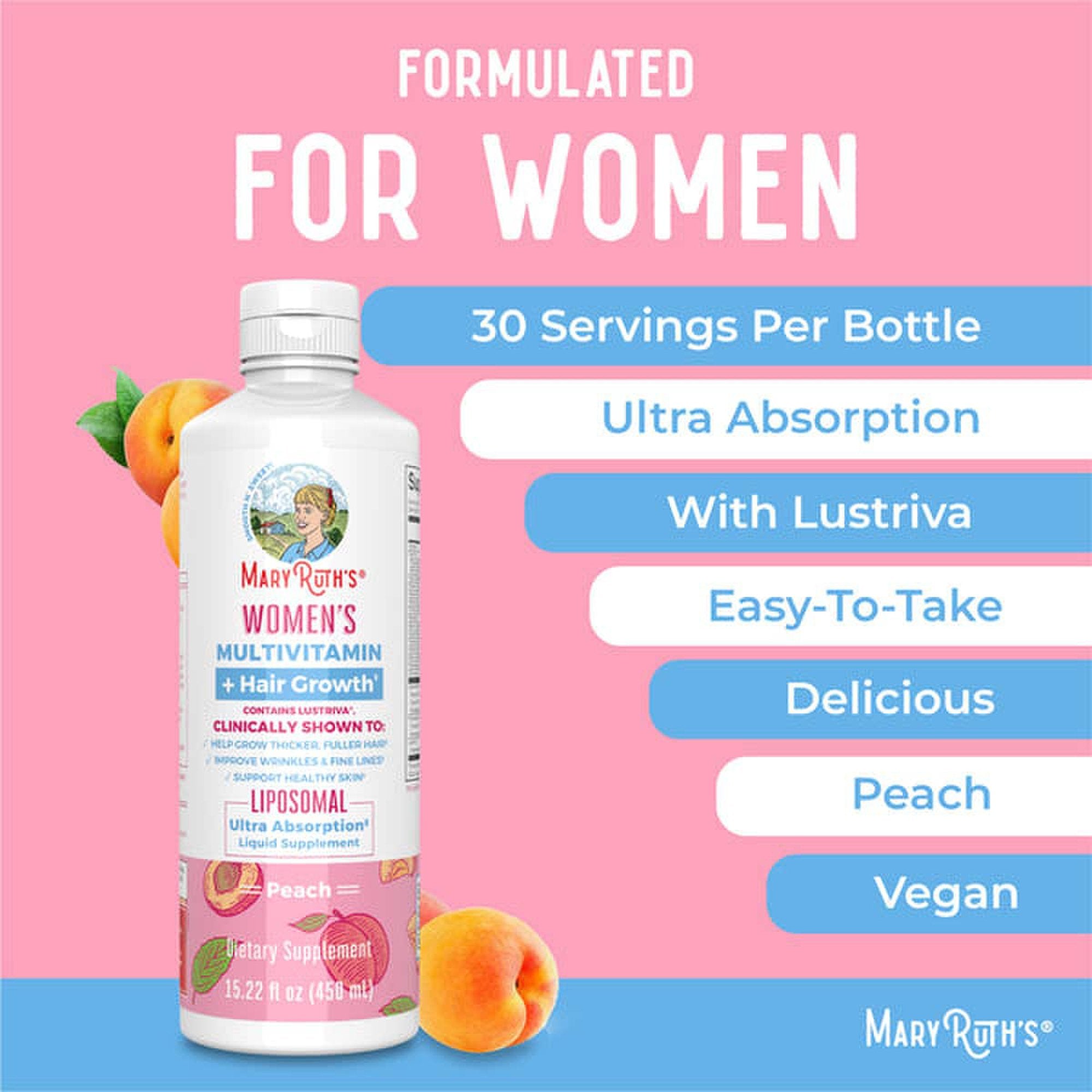 Multivitamin Supplement Mary Ruth's® Women's Multivitamin + Hair Growth Liposomal Vitamin A / D / E / Biotin 500 mcg - 25 mcg - 7 mg - 10,000 mcg Strength Liquid 15.22 oz. Peach Flavor - image 4