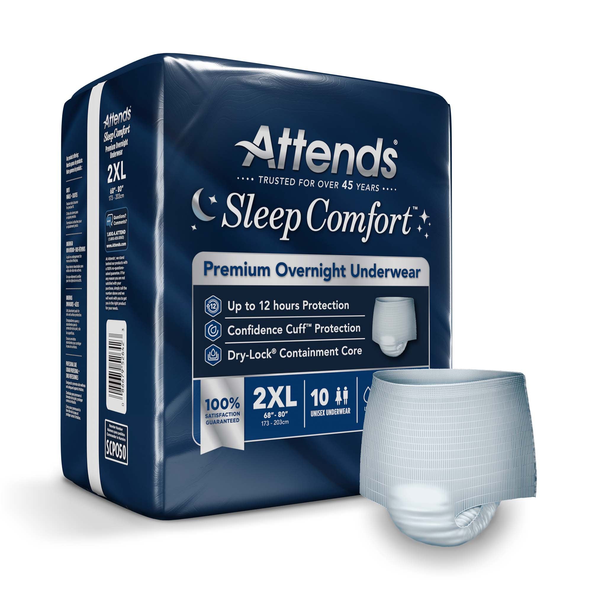Absorbent Underwear Attends Sleep Comfort Premium Overnight Pull On with Tear Away Seams Adult 2X-Large Unisex Disposable Heavy Absorbency