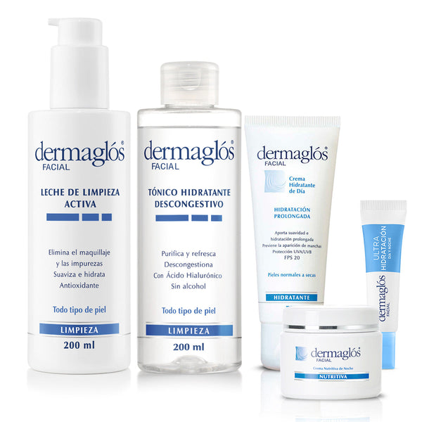 Dermaglós Dry Skin Combo - 200ml Cleaning Milk, 200ml Moisturizing Tonic, 70gr Day Moisturizer SPF 20, 70gr Nutritious Cream, Moisturizing Eye Contour Gel