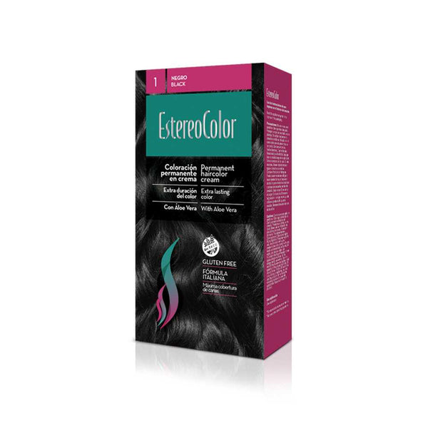 Estereocolor Permanent Colouring In Kit N1 Black - 1 brush, 1 mixing bowl, 1 instruction leaflet, 1 tube of pre-color stain remover, 1 color chart and 1 post-color conditioner sample.