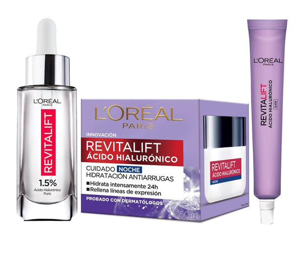 L'Oréal Revitalift Hyaluronic Acid Routine: Serum (30ml), Night Cream (50ml), Eye Contour (15ml).