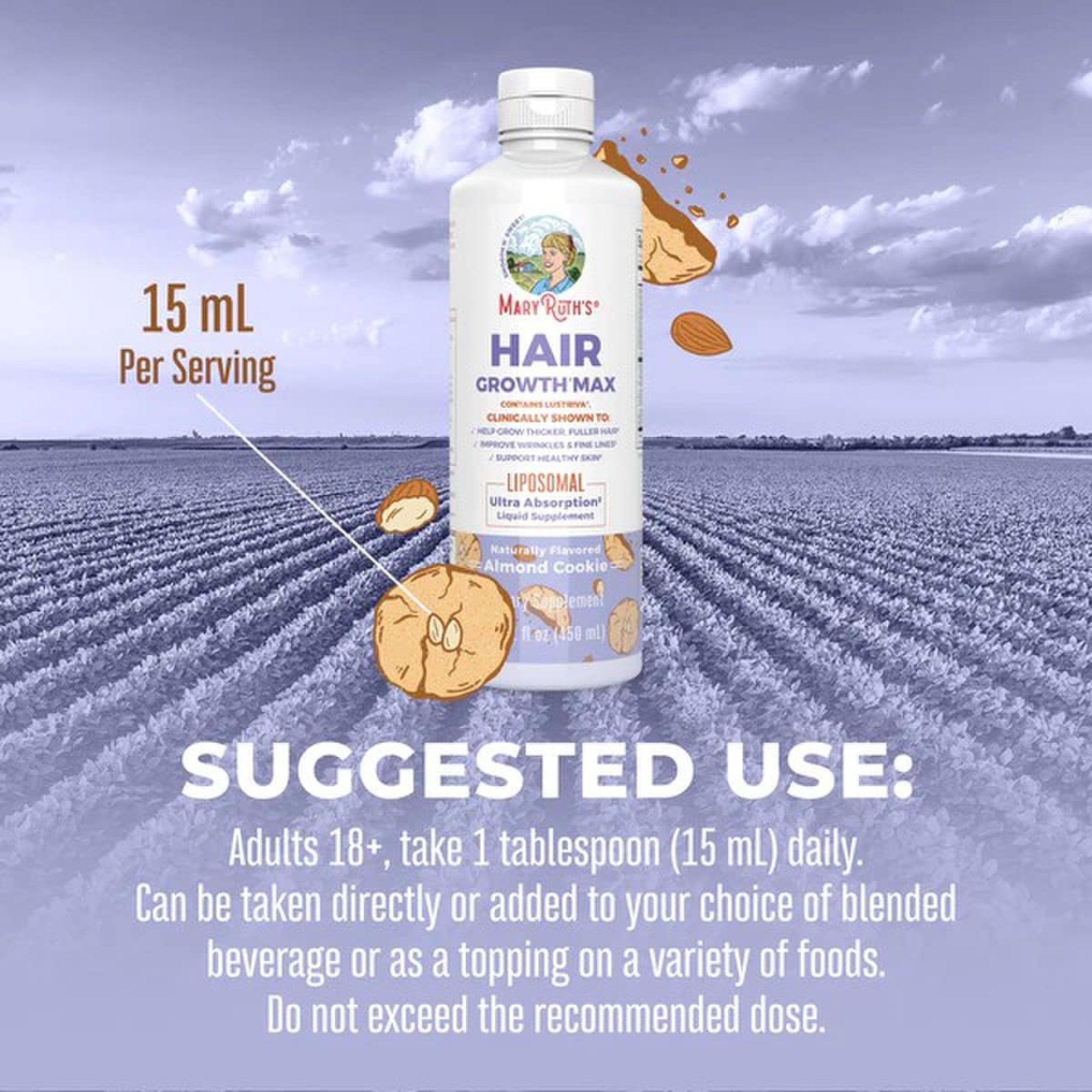 Dietary Supplement Mary Ruth's® Hair Growth Max Liposomal Vitamin E / B6 / Biotin 4 mg / 3 mg / 10,000 mcg Strength Liquid 15.22 oz. Almond Cookie Flavor - image 3