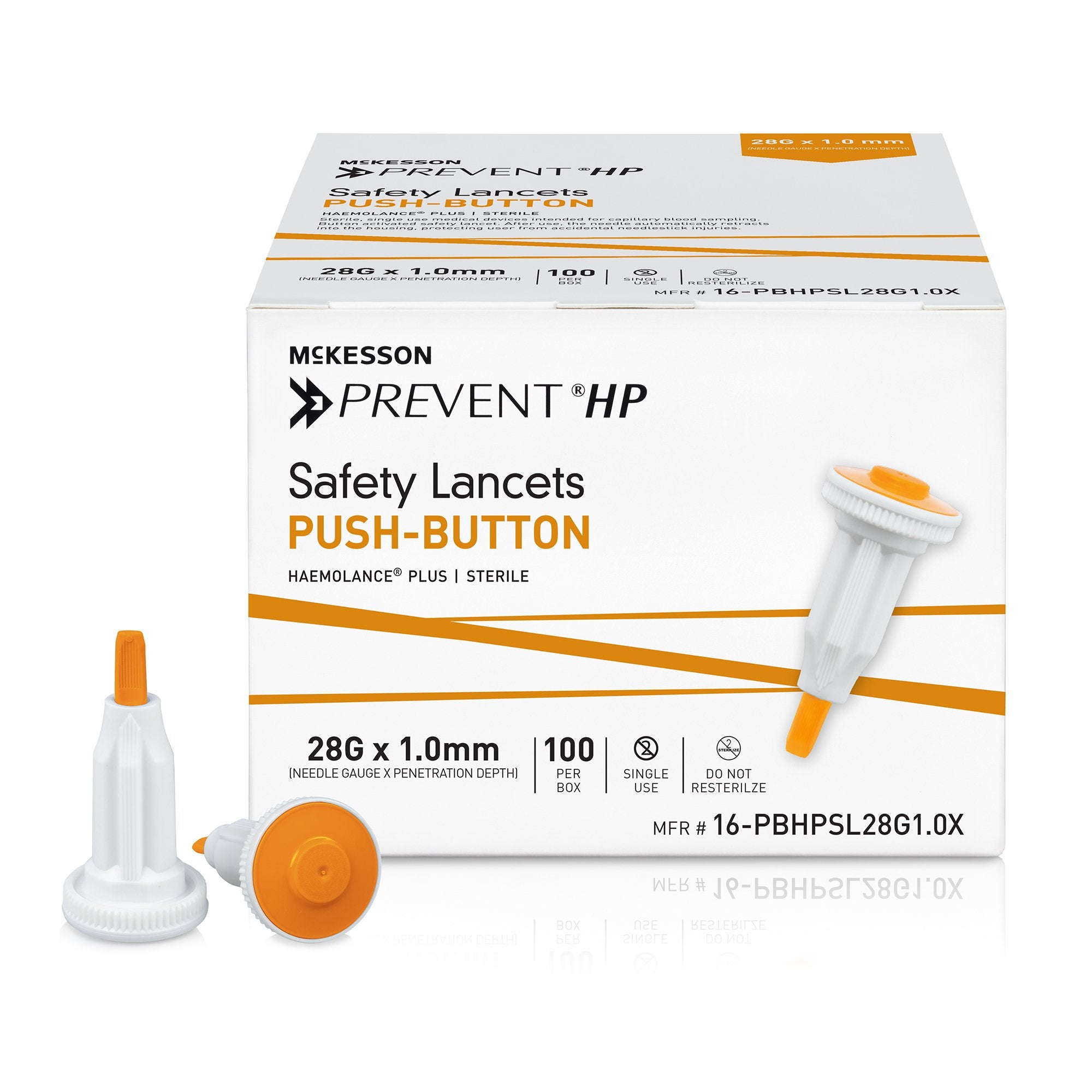 Safety Lancet McKesson Prevent® HP 28 Gauge Retractable Push Button Activation Finger