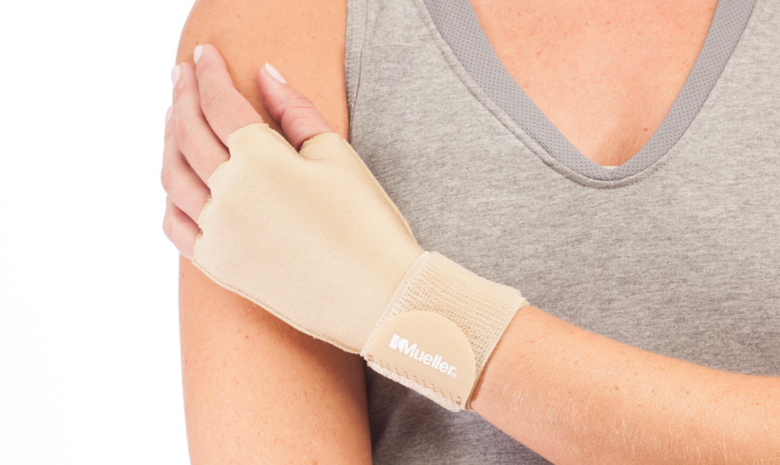 Compression Glove Mueller® Compression & Support Gloves Fingerless Small / Medium Over-the-Wrist Length Ambidextrous - image 4