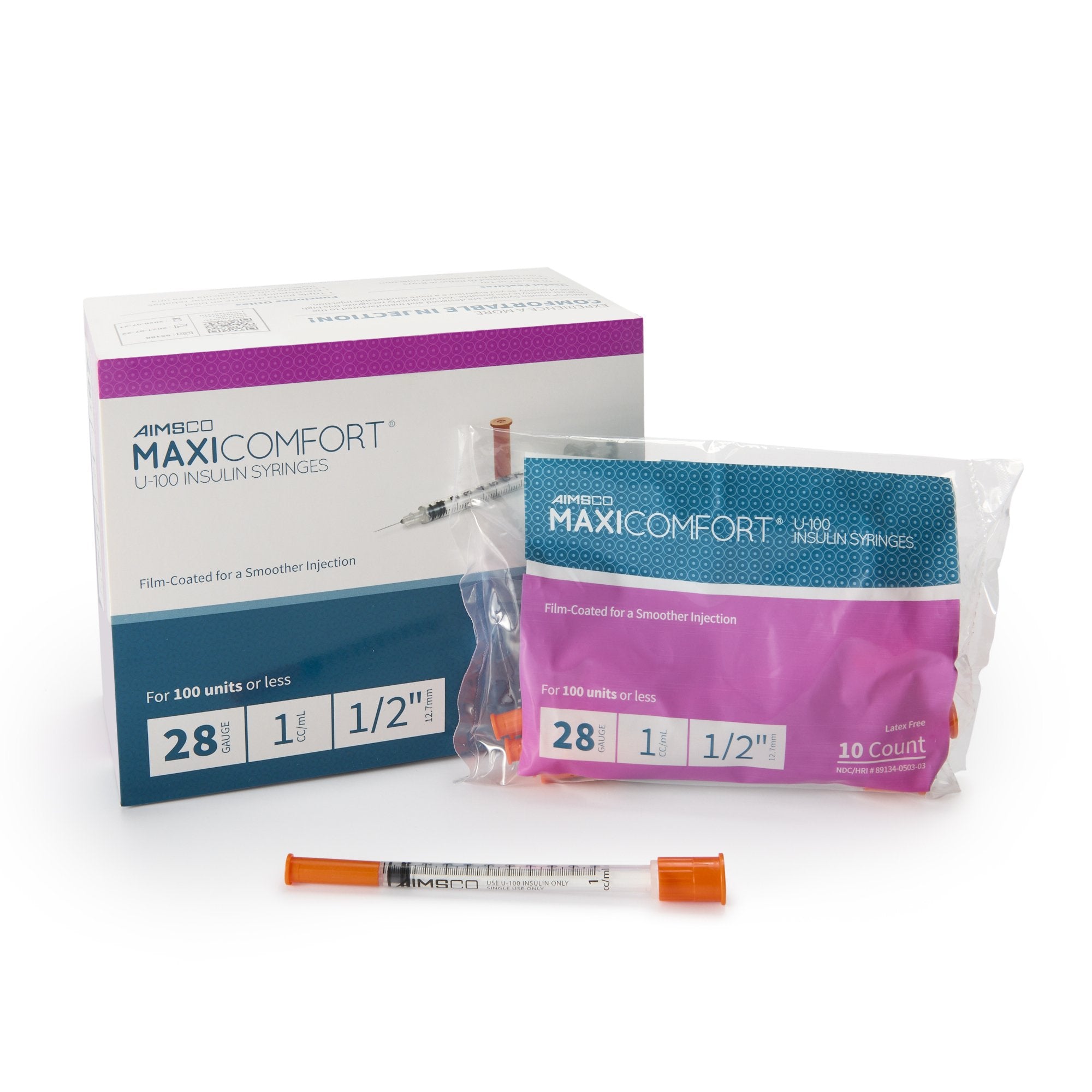 MaxiComfort® II Standard Insulin 1mL Syringe with Needle, 28 Gauge, 0.5 Inch