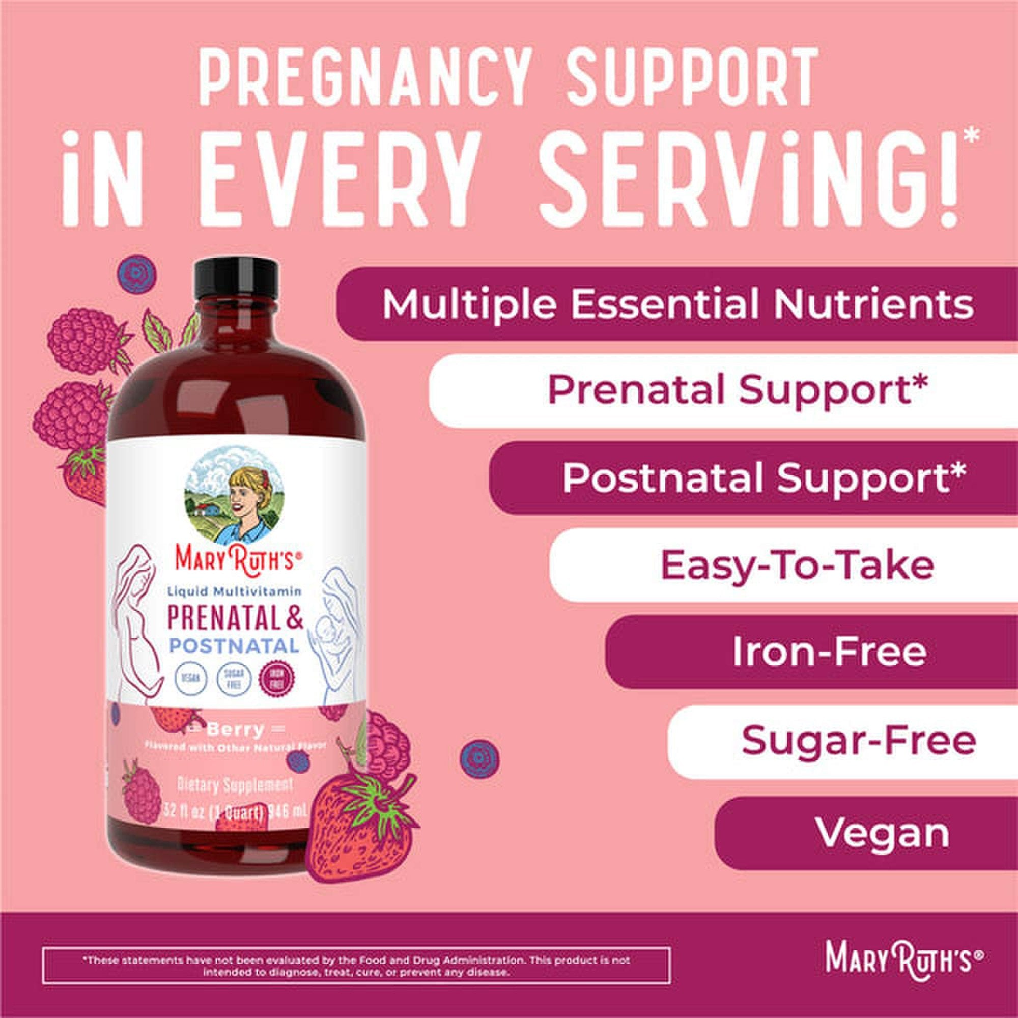 Dietary Supplement Mary Ruth's® Prenatal & Postnatal Liquid Multivitamin Vitamin A / C / D / E 750 mcg - 60 mg - 8 mcg - 19 mg Strength Liquid 32 oz. Berry Flavor - image 4