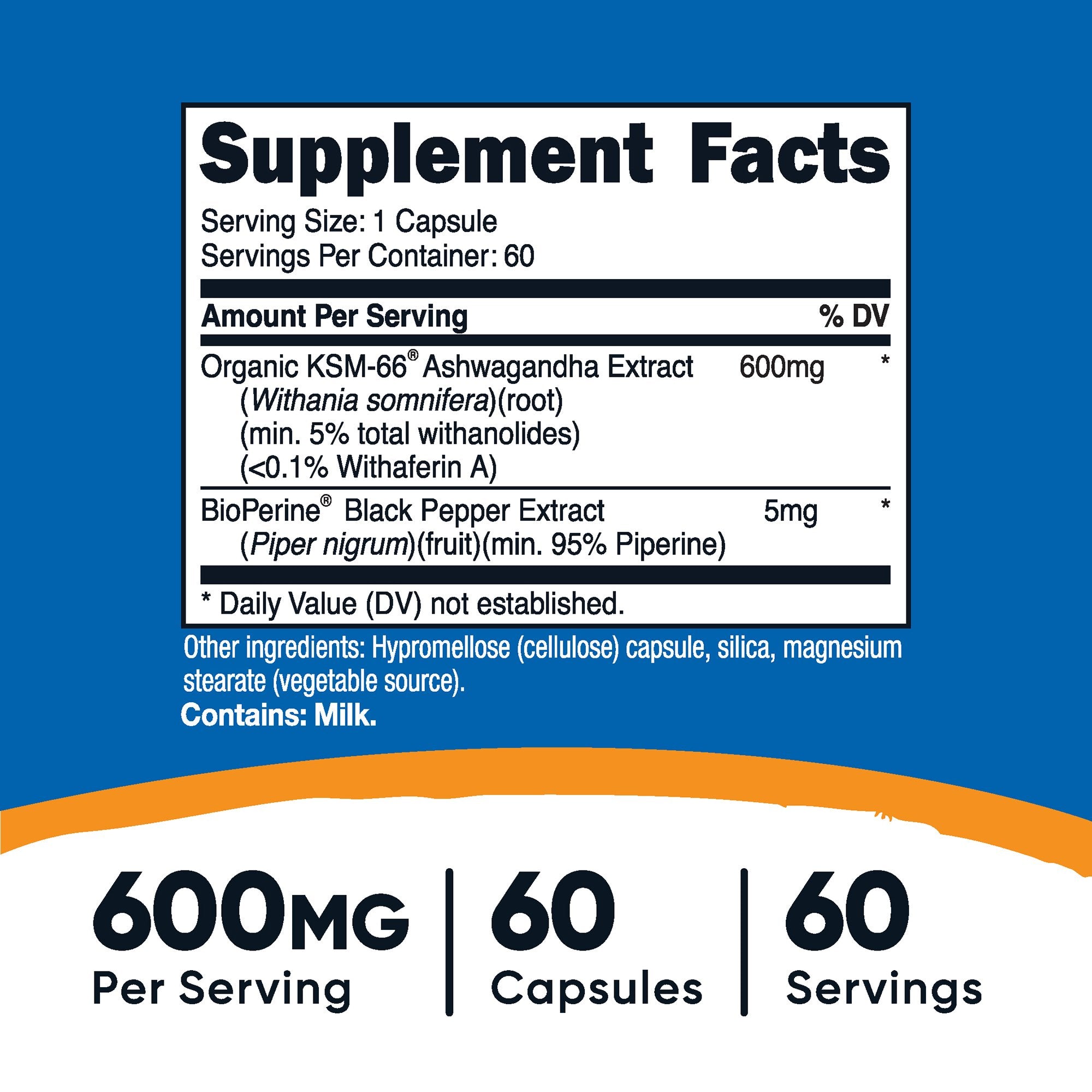 Dietary Supplement nutricost® KSM-66® Ashwagandha Extract / Black Pepper Extract 600 mg - 5 mg Strength Capsule 60 Per Bottle - image 5