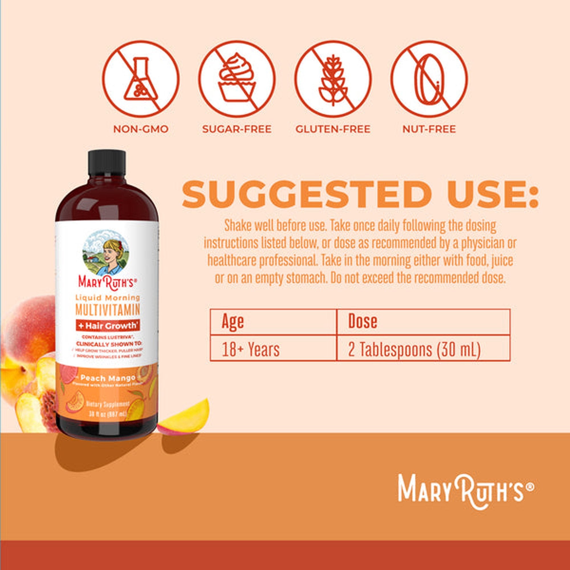 Multivitamin Supplement Mary Ruth's® Liquid Morning Multivitamin + Hair Growth Vitamin A / C / D / E 1,010 mcg - 90 mg - 20 mcg - 18 mg Strength Liquid 30 oz. Peach Mango Flavor - image 3