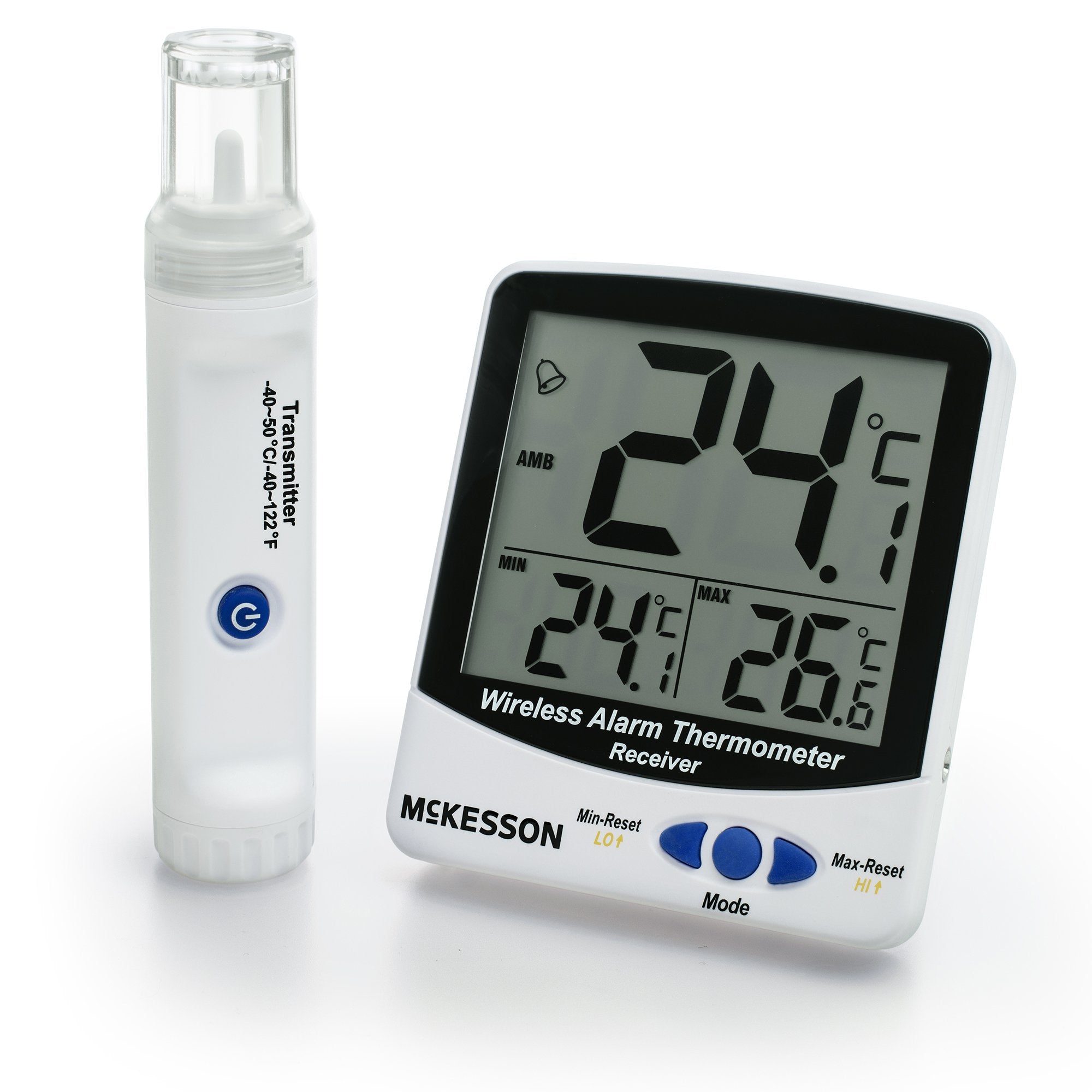 Digital Refrigerator / Freezer Thermometer with Alarm McKesson Fahrenheit / Celsius -58° to +158°F (-50° to +70°C) External Bottle Sensor, -40° to +122°F (-40° to +50°C) Wireless Bottle Sensor Internal Sensor / 2 Bottle Probes Flip-out Stand / Wall Mount 