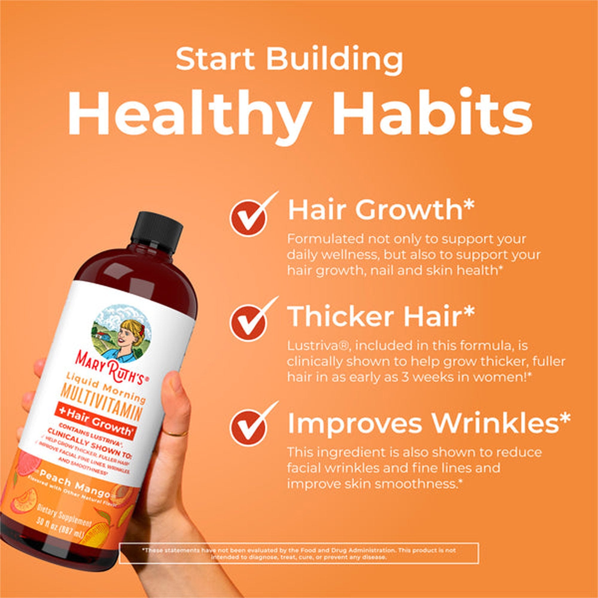 Multivitamin Supplement Mary Ruth's® Liquid Morning Multivitamin + Hair Growth Vitamin A / C / D / E 1,010 mcg - 90 mg - 20 mcg - 18 mg Strength Liquid 30 oz. Peach Mango Flavor - image 4