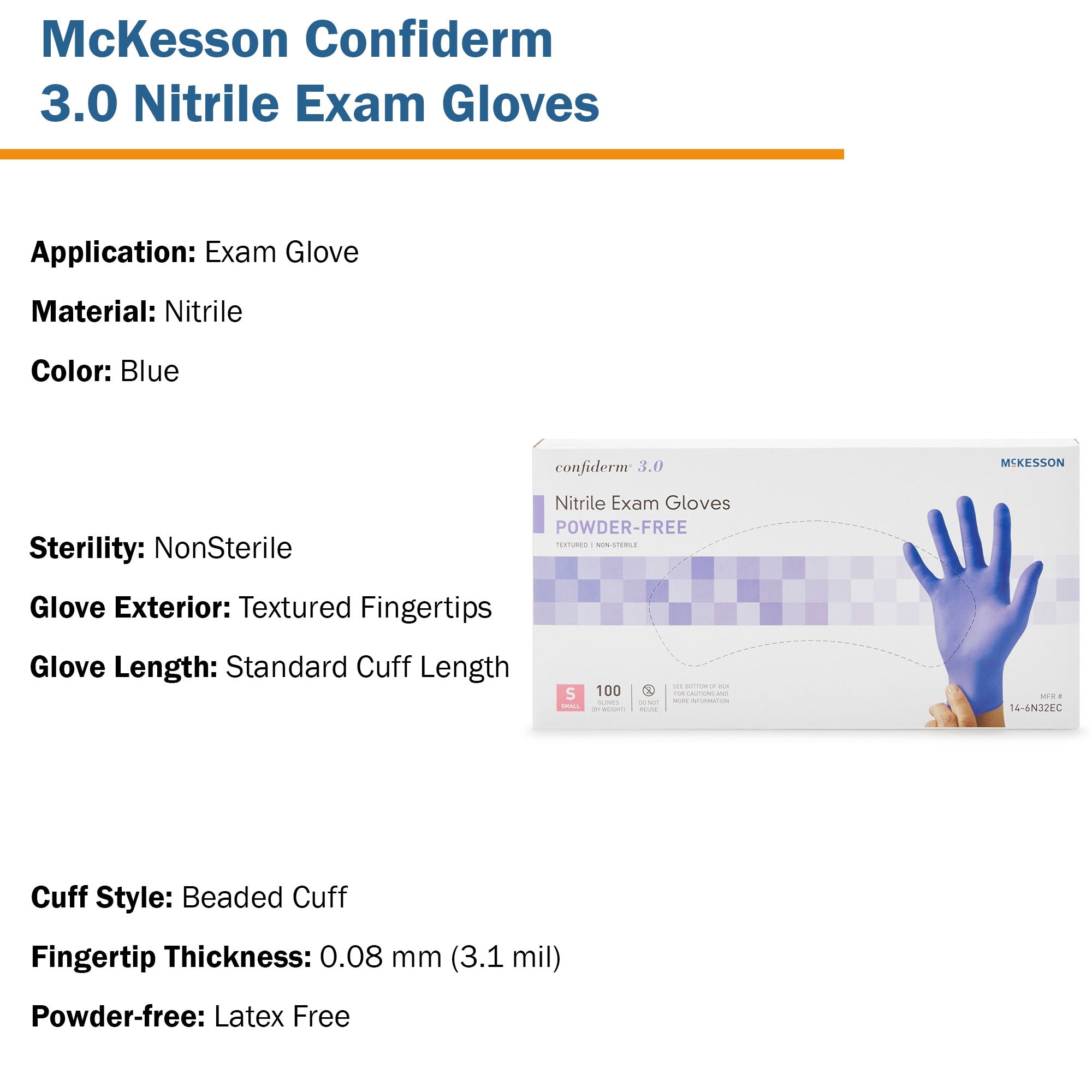 McKesson Confiderm® 3.0 Nitrile Gloves Small, Textured, Blue - 100 Pack