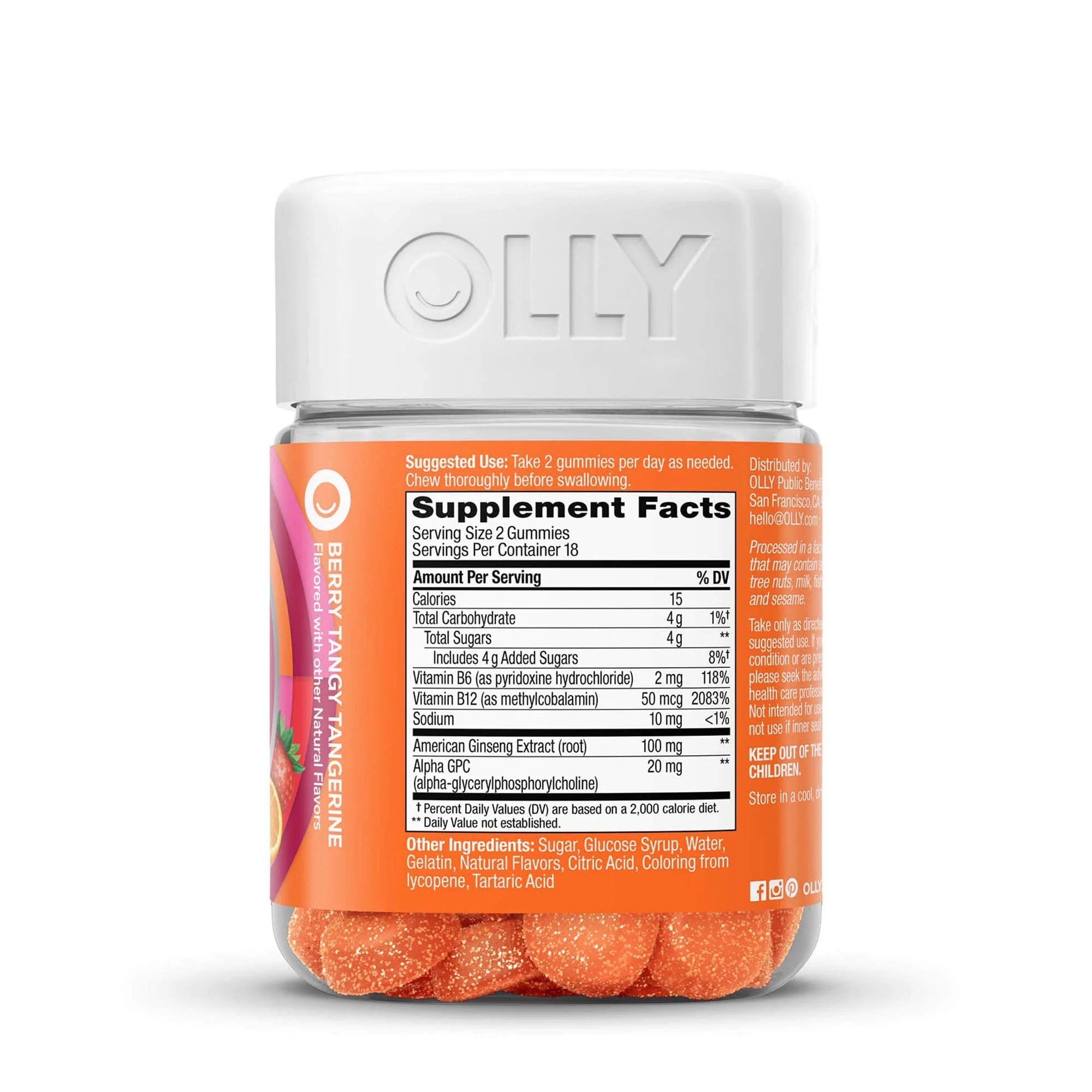 Dietary Supplement OLLY® Laser Focus B6 / B12 / Ginseng / Alpha GPC 2 mg - 50 mcg - 100 mg - 20 mg Strength Gummy 36 per Bottle Berry Tang Flavor - image 2