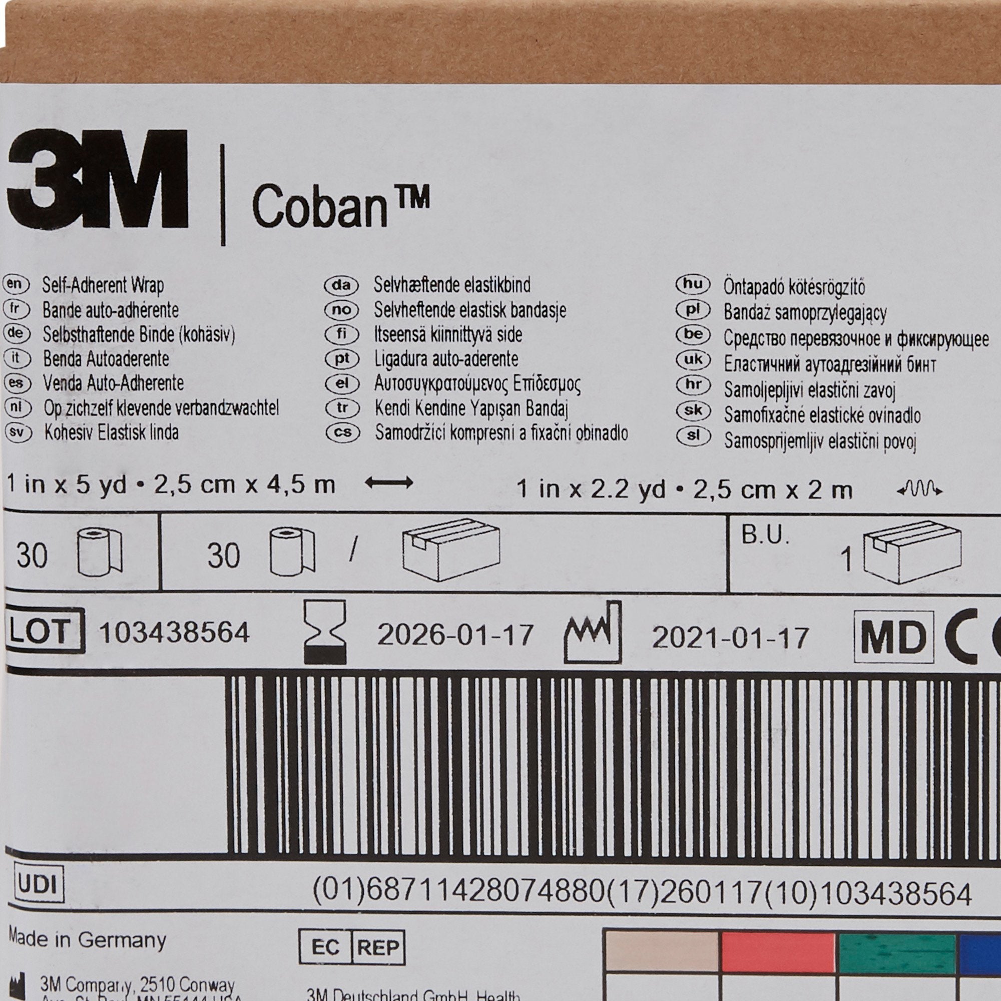 3M™ Coban™ Self-adherent Closure Cohesive Bandage, 1 Inch x 5 Yard, Blue (1 Unit)