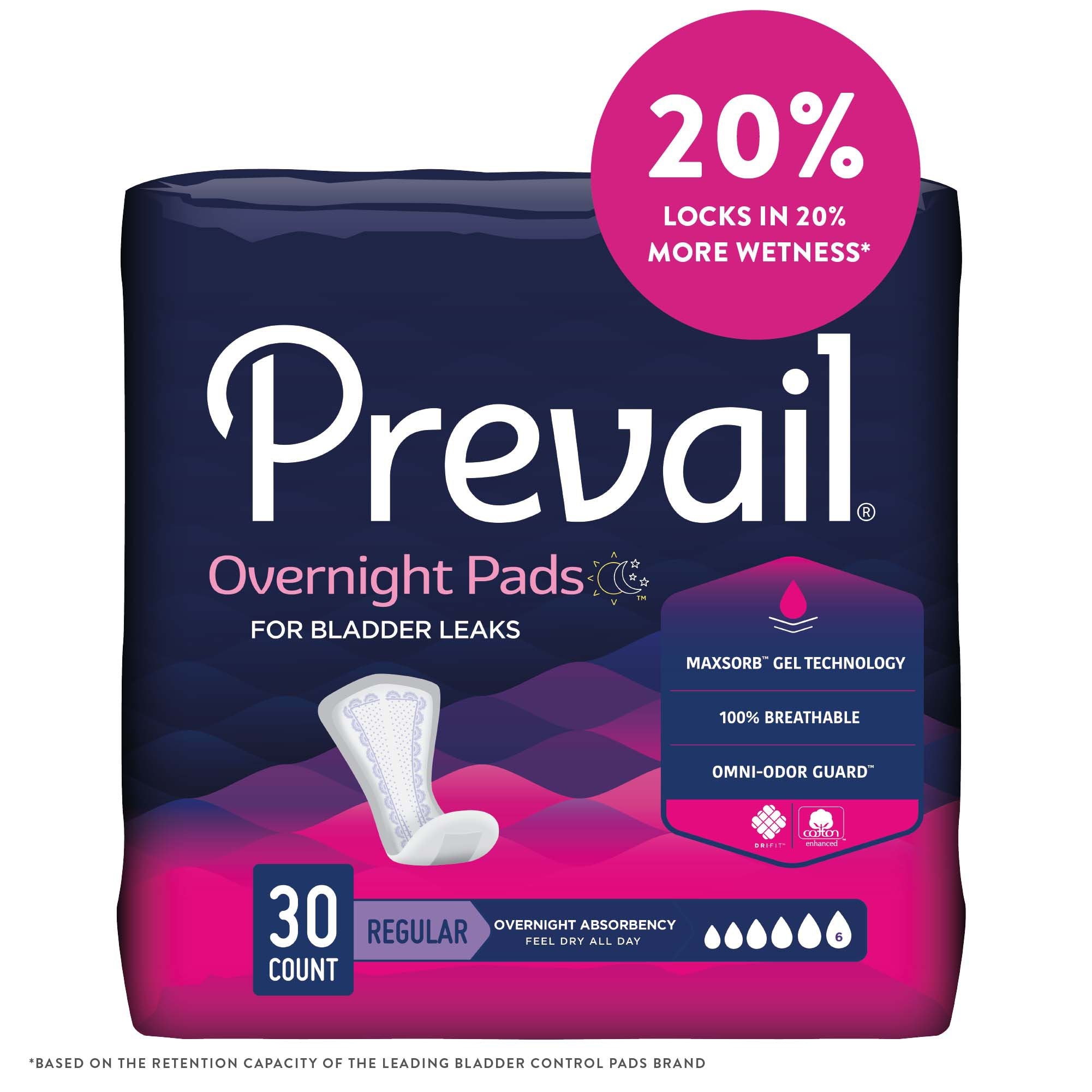 Prevail® Overnight Bladder Control Pads, 16" Length - 30 Pack, Heavy Absorbency