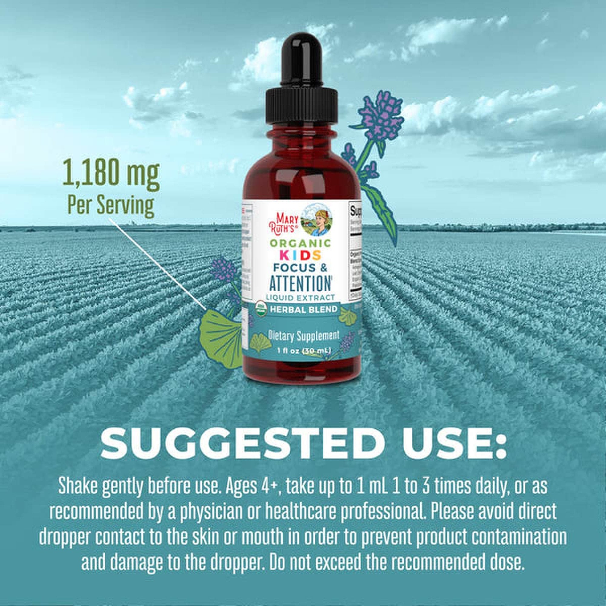 Dietary Supplement Mary Ruth's® Organic Kids Focus & Attention Organic Proprietary Blend 1,180 mg Strength Drop 1 oz. - image 3