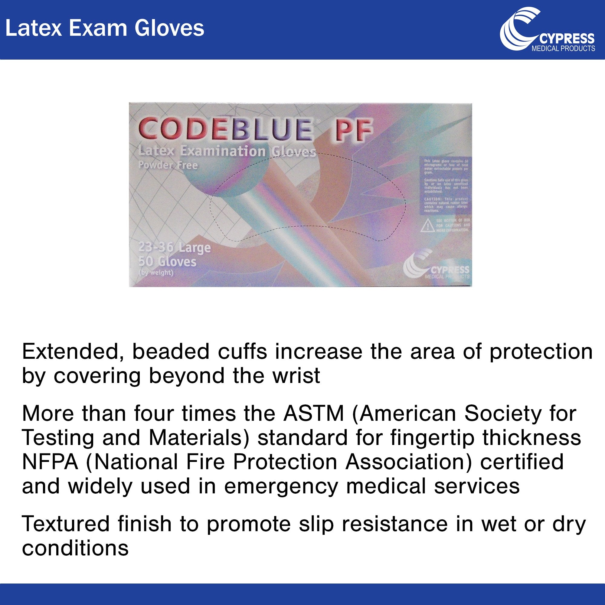 CodeBlue® PF Latex Extended Cuff Length Exam Glove, Large, Blue (1 Unit)