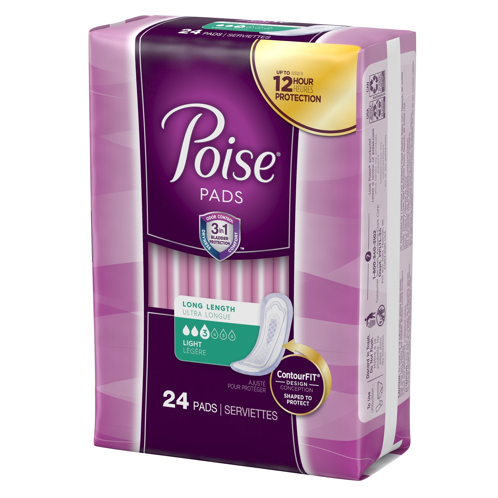 Poise Bladder Control Pad, Long, Light Absorbency, Disposable, Absorb-Loc Core, Female, One Size Fits Most (24 Units)