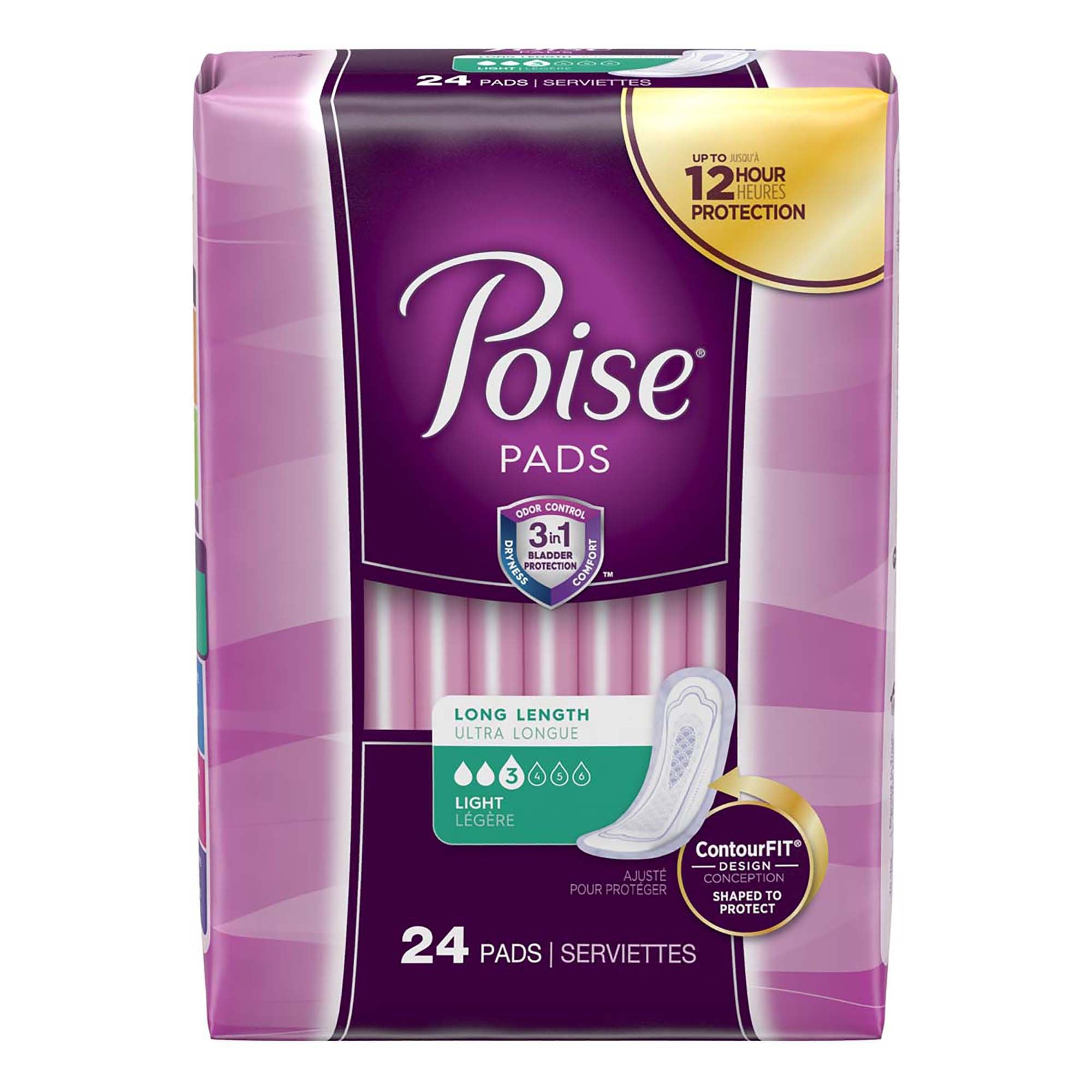 Poise Bladder Control Pad, Long, Light Absorbency, Disposable, Absorb-Loc Core, Female, One Size Fits Most (96 Units)