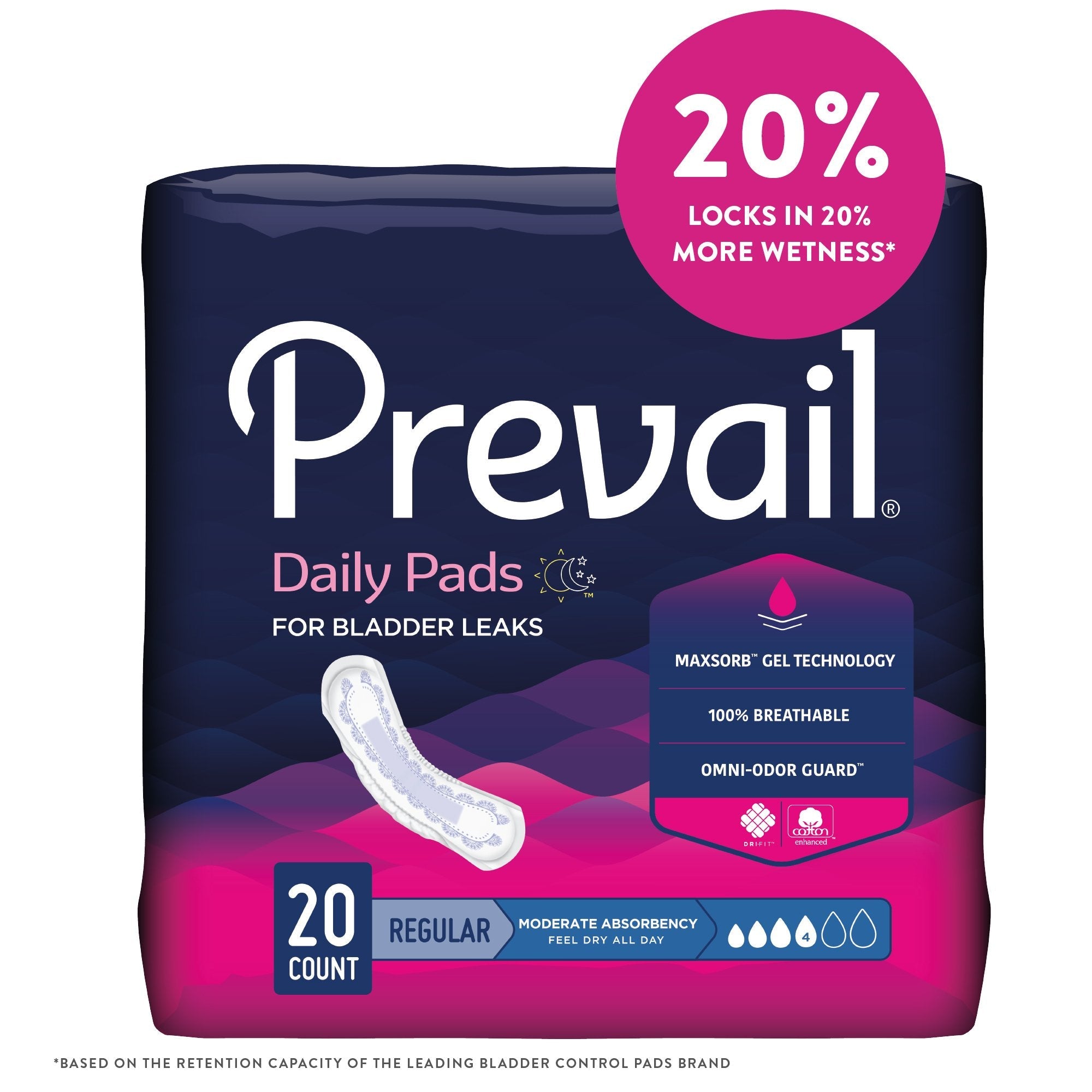 Prevail® Daily Moderate Absorbency Pads, 9¼" - Discreet Comfort (20 Pack)