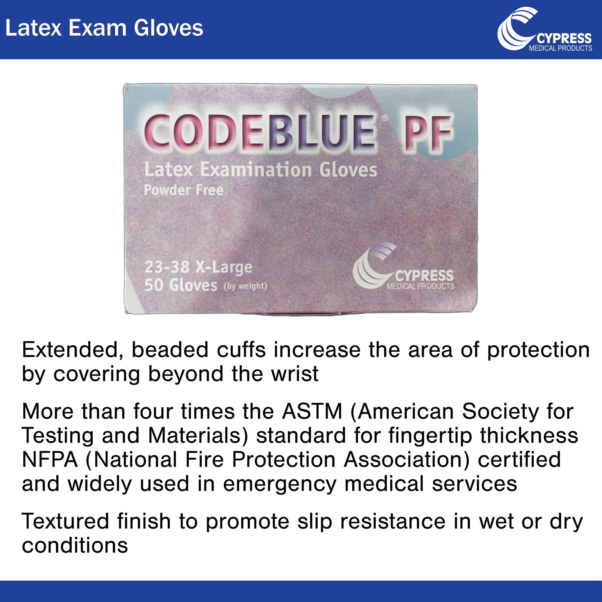 CodeBlue® PF Latex Extended Cuff Length Exam Glove, Extra Large, Blue (1 Unit)