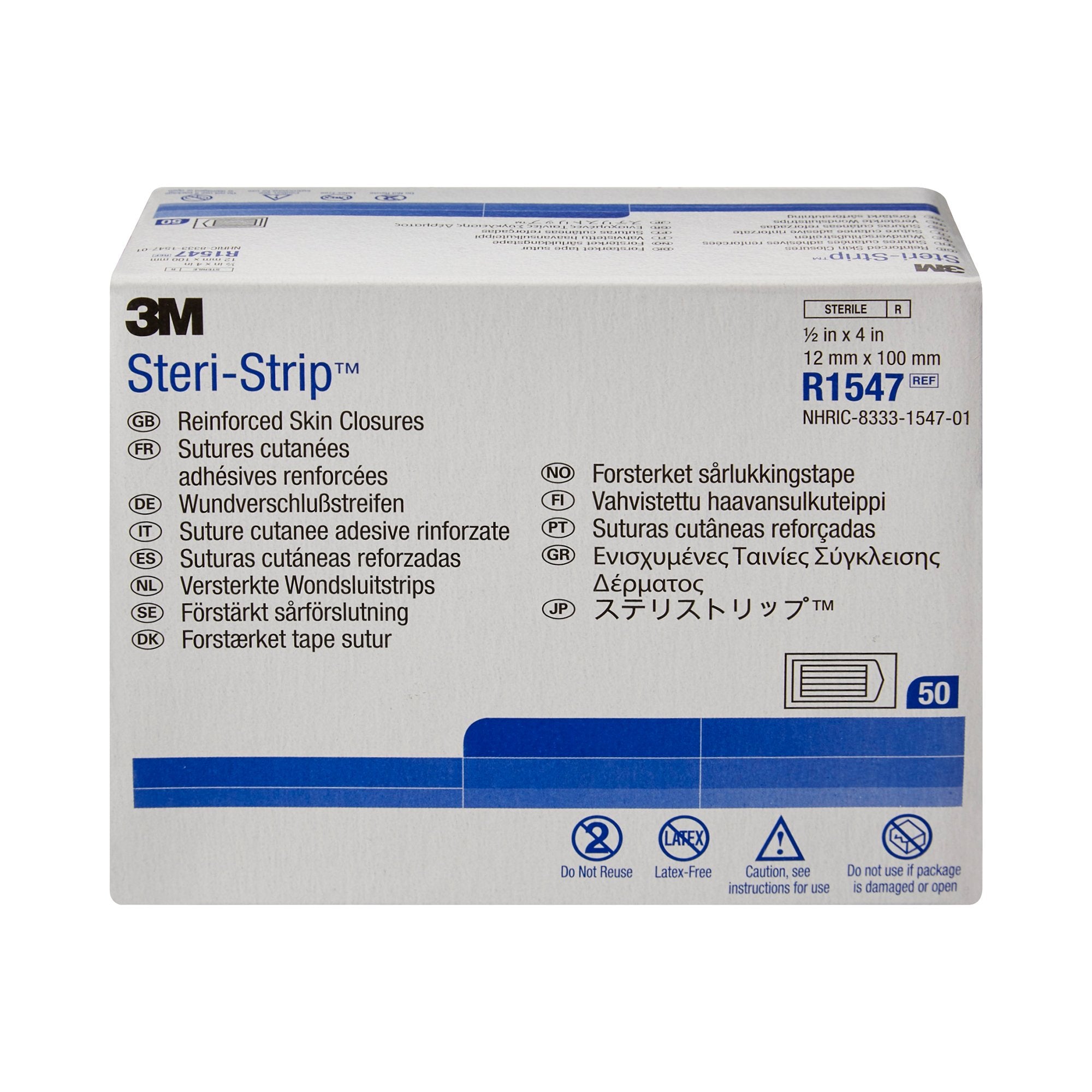 3M Steri-Strip Skin Closure Strips, Non-Woven, 1/2 inch X 4 inch, Reinforced Strip, White (200 Units)