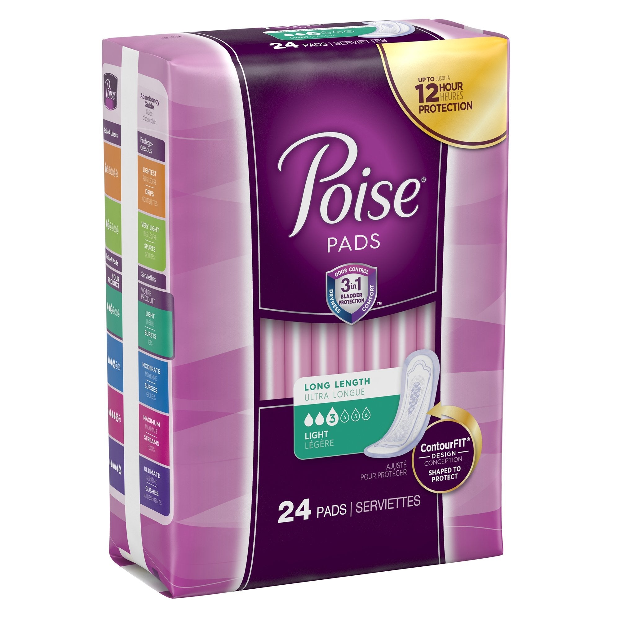 Poise Bladder Control Pad, Long, Light Absorbency, Disposable, Absorb-Loc Core, Female, One Size Fits Most (24 Units)