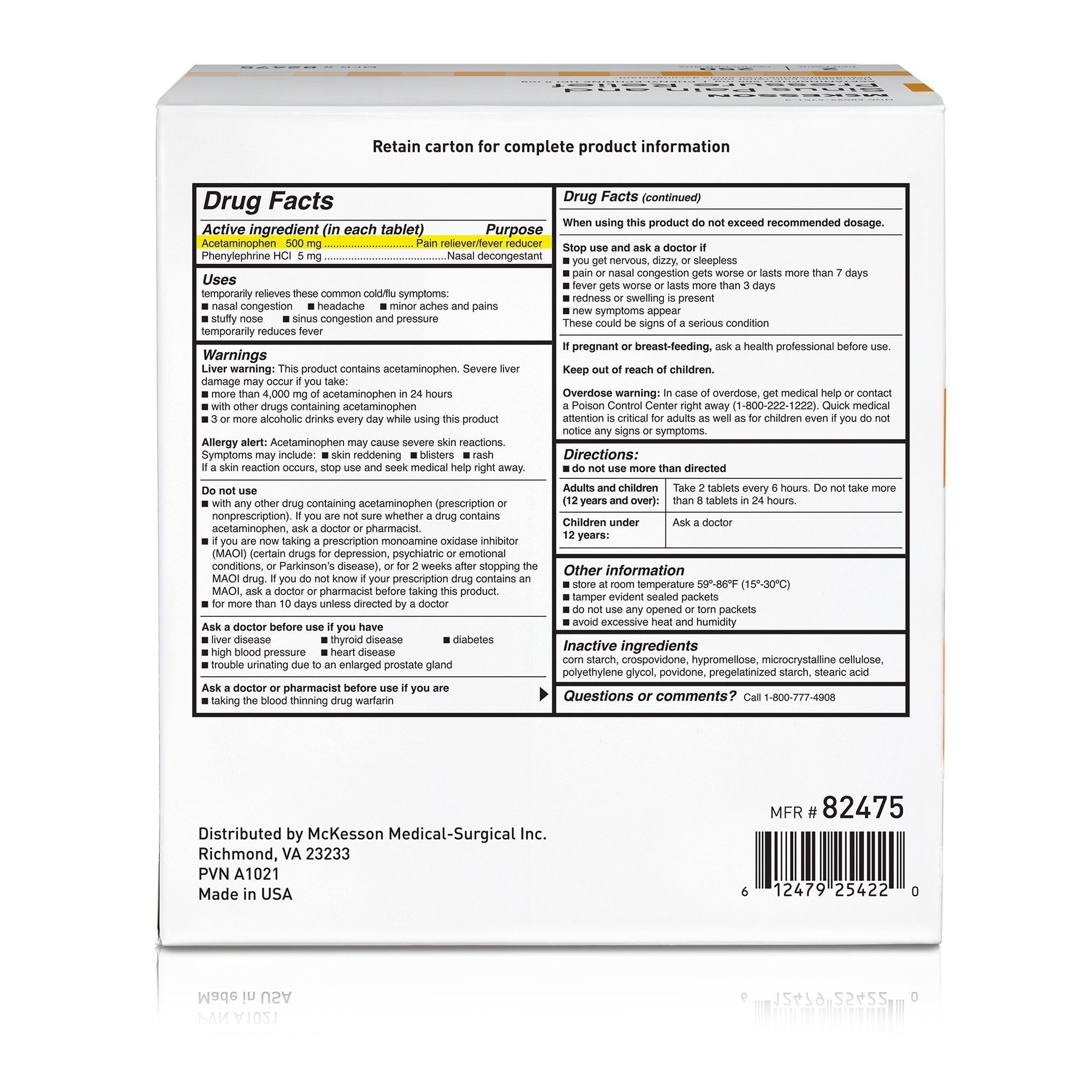 McKesson Acetaminophen / Phenylephrine Cold and Sinus Relief (250 Units)