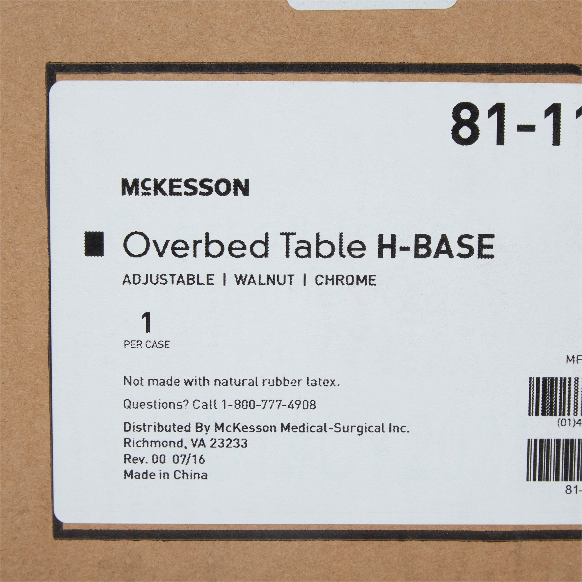 McKesson Overbed Table, Non-Tilt, Spring-Assisted Lift, 28-1/4" to 43-1/4" Height Range (1 Unit)