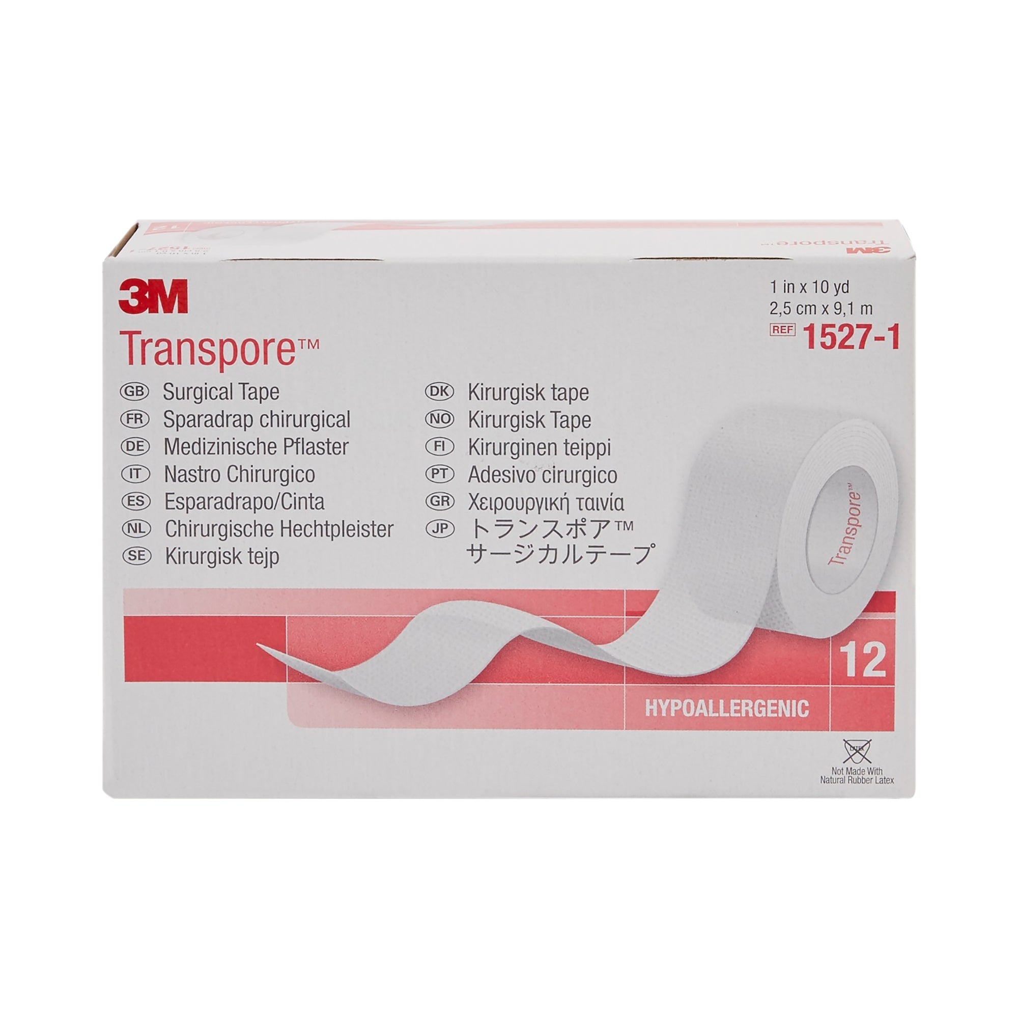 3M Transpore Plastic Medical Tape, 1" x 10yd, Transparent, 12 Pack