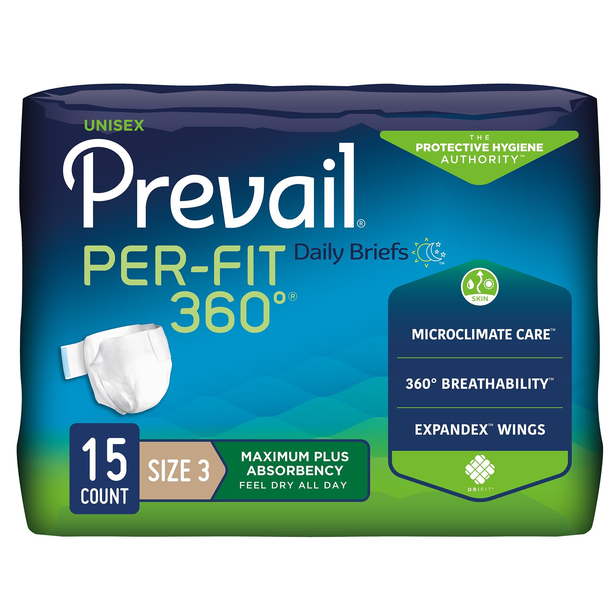 Prevail® Per-Fit 360° Daily Briefs, Max Plus Absorbency, Size 3 - 15 Pack