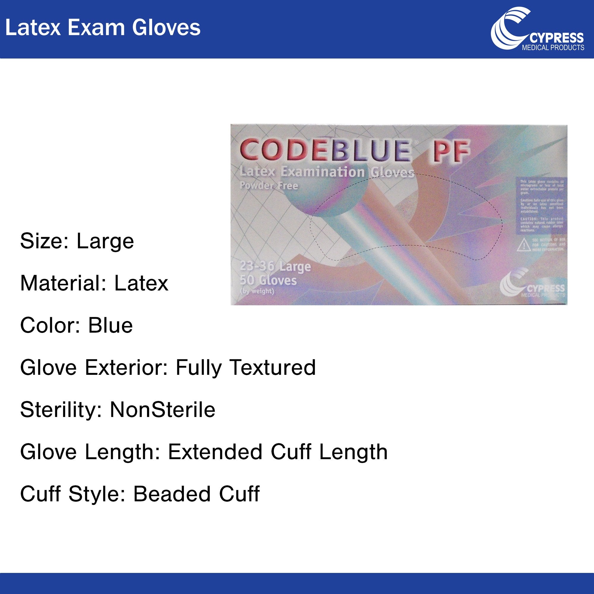 CodeBlue® PF Latex Extended Cuff Length Exam Glove, Large, Blue (1 Unit)