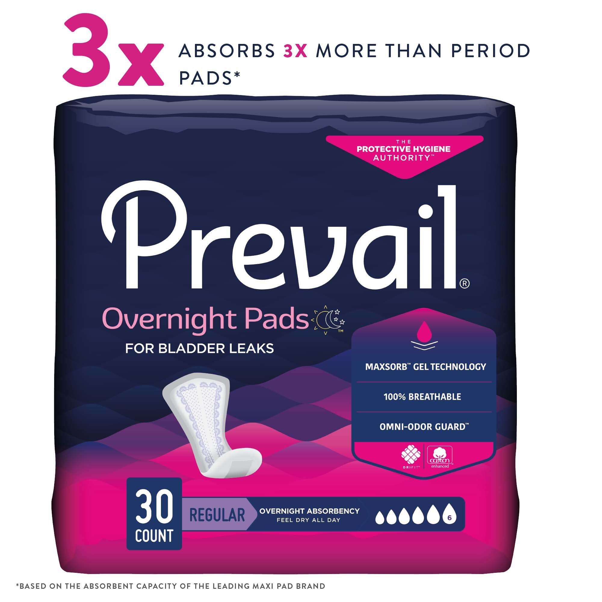 Prevail® Overnight Bladder Control Pads, 16" Length - 30 Pack, Heavy Absorbency