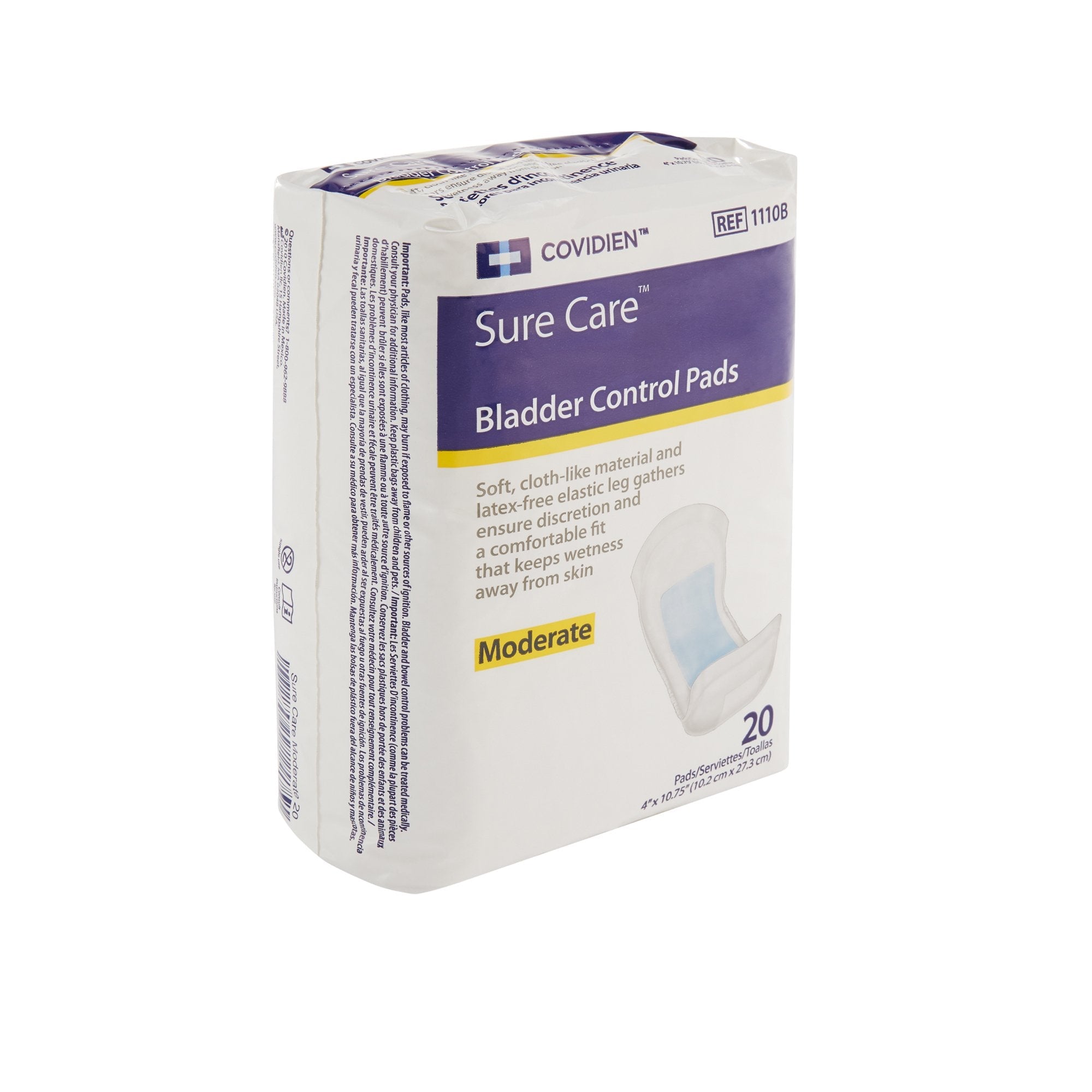 Sure Care Bladder Control Pads, Moderate Absorbency, White, Adult, Unisex, Disposable, 4 X 10-3/4 Inch (20 Units)