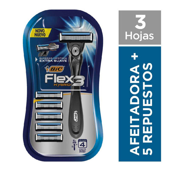 Bic Flex3 Hybrid Affirming Machine + 5 Spare Parts - 2 Year Warranty, Wet & Dry Use, Battery Operated (2AA)