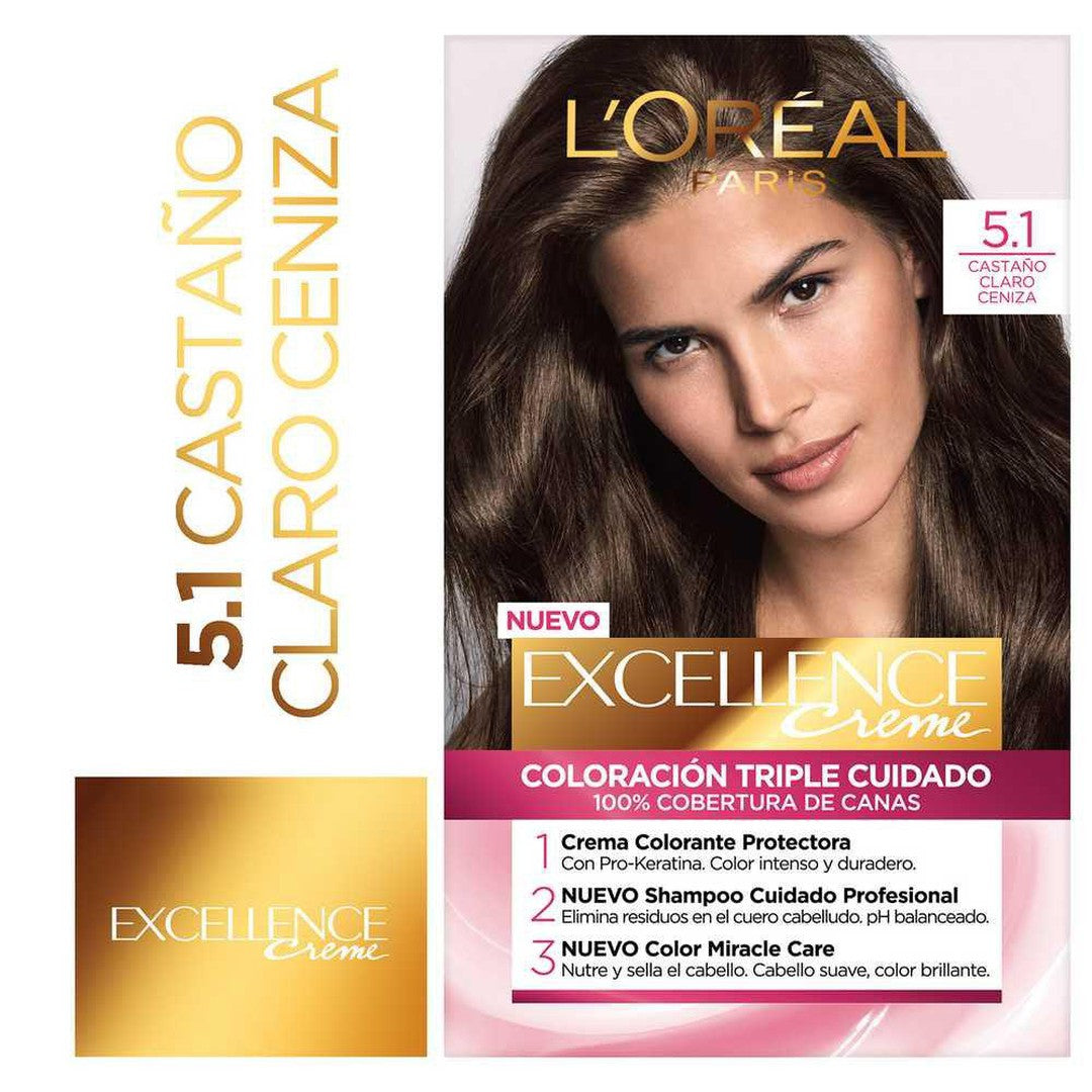 Excellence Permanent Hair Coloring Creme 51 Light Chestnut Ash - 100% Gray Coverage & Nourishment for Radiant Color 47Gr / 1.65Oz