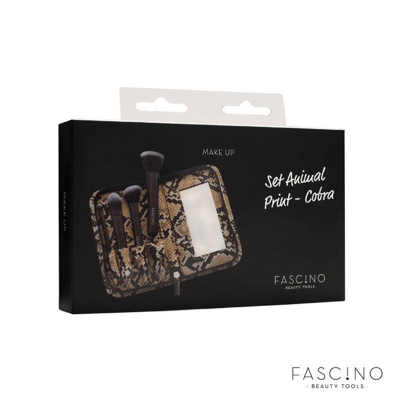 Fascino Makeup Brushes Animal Print Set - 4 Units with Ergonomic Handles & Luxurious Design + Snake Print Toiletry Bag with Mirror