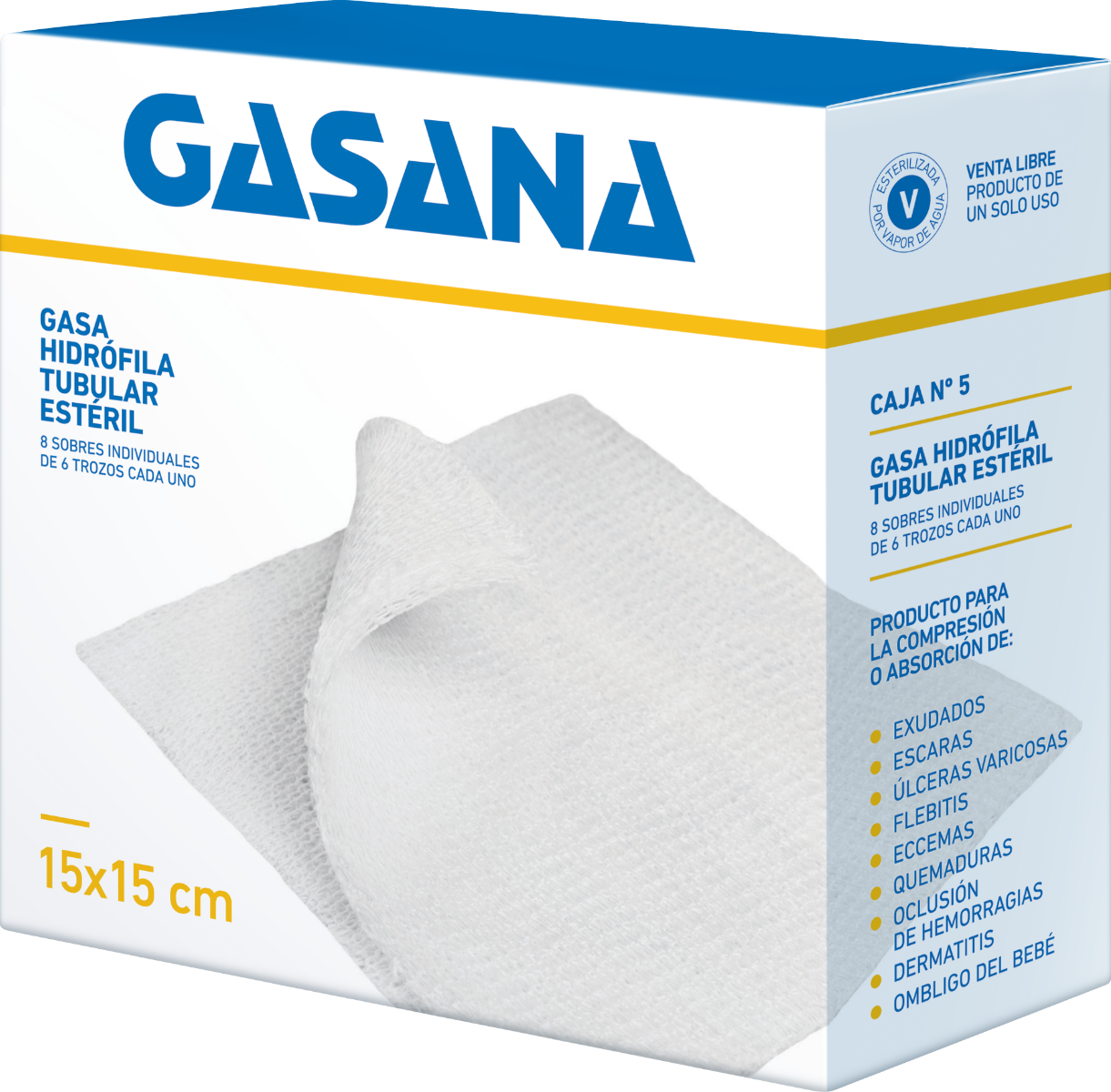 Gasana Gauze N5 Box 15X15 Cm - 8 Individual Envelopes of 6 Pieces, 100% Cotton for Wound Care, Bandaging & Dressing