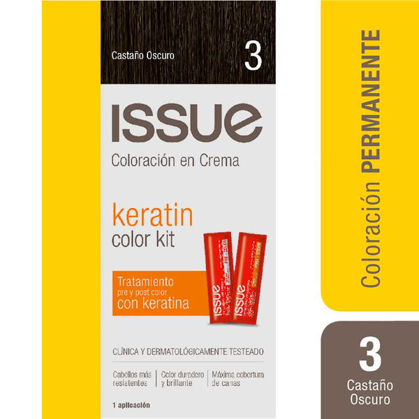 Issue Permanent Hair Coloring Kit with Keratin Nbr. 3 Dark Brown - Includes Gloves, Instructions, Color Chart, Shampoo, Conditioner, Mask & Serum