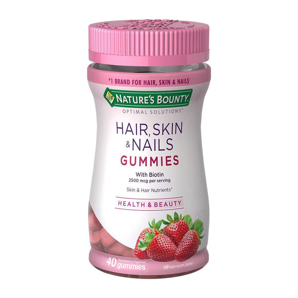 Natures Bounty Hair Skin & Nails Gummies Supplement - 40 Tablets Ea. - Biotin, Vitamin C, E & Zinc - Natural Strawberry Flavor - Gluten Free, Non-GMO
