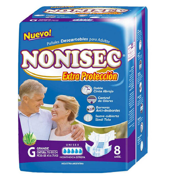 Nonisec Extra Protection Adult Diapers G (8 Units): Super Absorbent Core, Double Leakage Protection & Odor Control