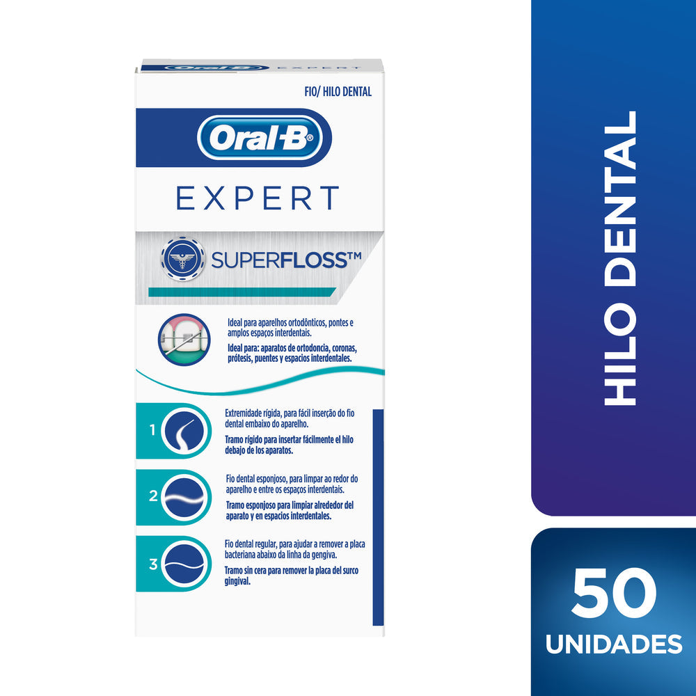 Oral-B Expert Super Floss Dental Floss (50 Units) - Ideal for Braces, Crowns, Prosthetics, Bridges & Interdental Spaces - Wax-Free, Mint Flavor & Easy