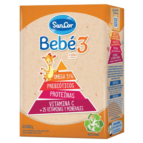 Sancor Baby 3 Powder: 100% Natural, Hypoallergenic, with Essential Fatty Acids, Vitamins, Minerals & Probiotics - 800gr / 27.05oz