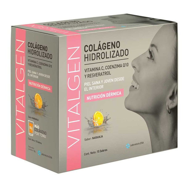 Vitalgen Hydrolyzed Collagen Orange Flavor - 15 Sachets with Vitamin C, Coenzyme Q10, Resveratrol, Gluten Free & Non-GMO